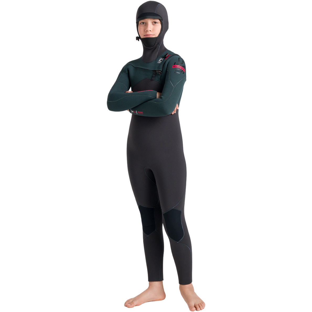 2026 C-Skins Junior Nuwave Session 5/4mm Hooded Wetsuit CSE54JH - Meteor / Forest Green / Red